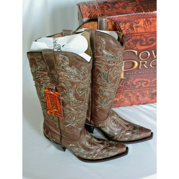 Cowboy Pro Cowgirl Boots Size 6.5 Brown Leather Python Cross Snip Toe Western - Picture 2 of 12
